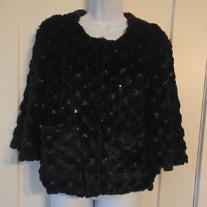 Elegant Black Faux Fur Jacket With Sequin Accents